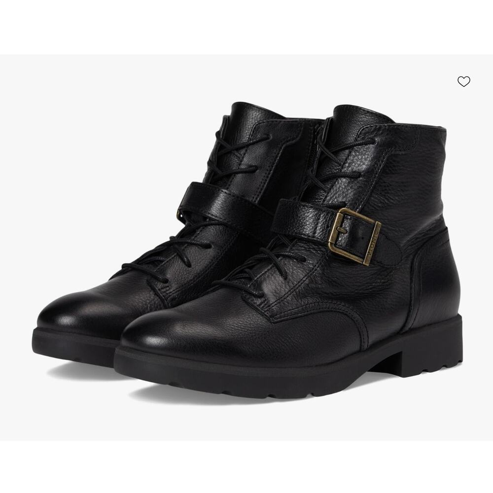Vionic Catina Lace-Up Boots Black Leather Size 8 NWOB Buckle Detail Arch Support